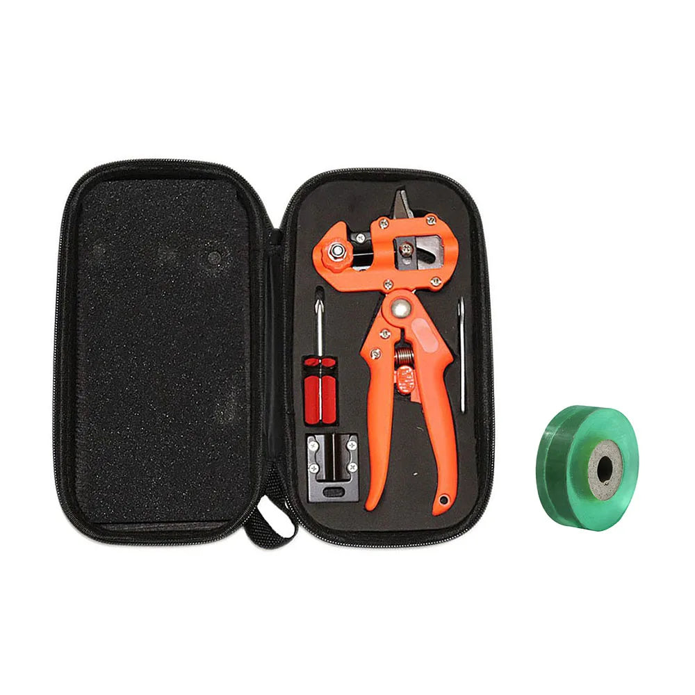 Black storage case containing an orange 3-in-1 grafting pruner with replaceable blades and a green cutting wheel.
