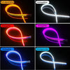 Various colors of flexible LED daytime running light strips showing turn signal functionality in a loop.