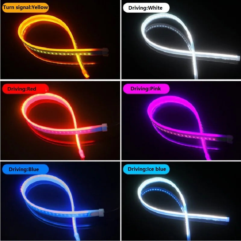 Various colors of flexible LED daytime running light strips showing turn signal functionality in a loop.