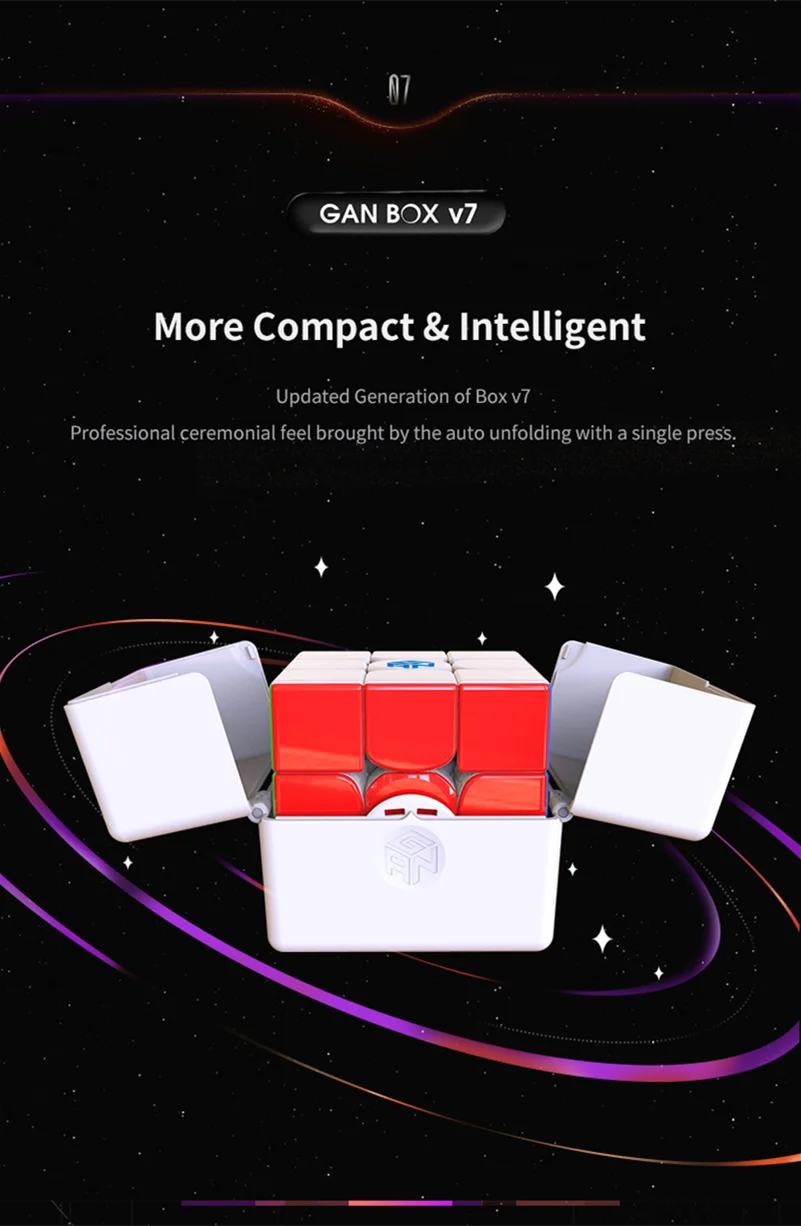 A white magnetic speed cube box with red and black pieces is shown against a dark, starry background.