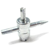 Kit de réparation de valve de pneu argenté à quatre voies avec tige filetée et pointe hexagonale.