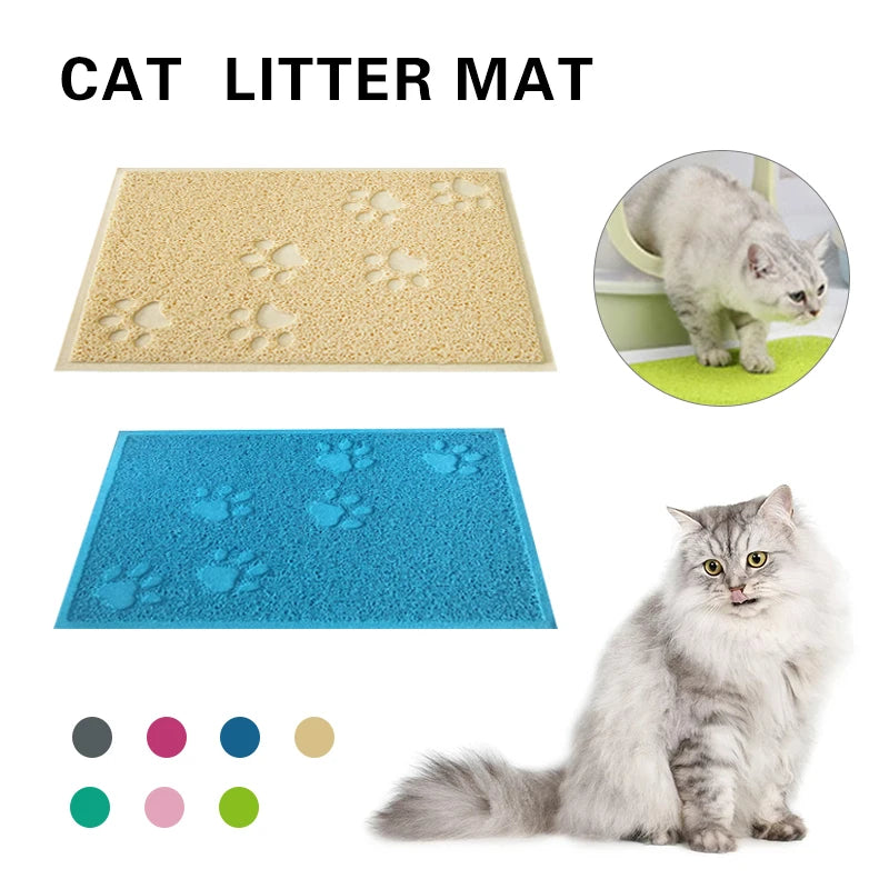 A set of cat litter mats in various colors, including beige, blue, and green, featuring paw print designs.