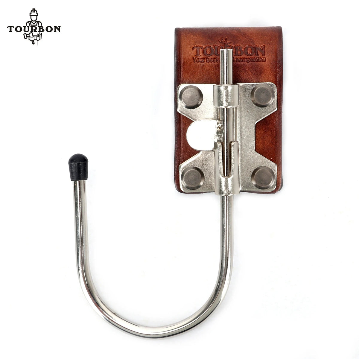 Genuine leather tool holster hook with a steel J-hook and mounting plate