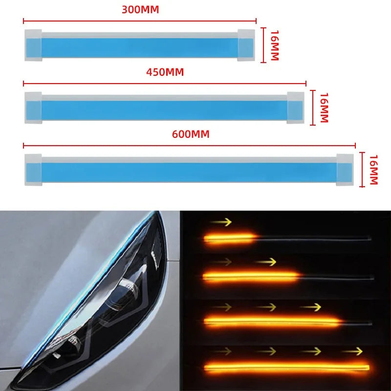 Flexible LED daytime running light strip with sequential turn signal shown mounted on a car headlight assembly.