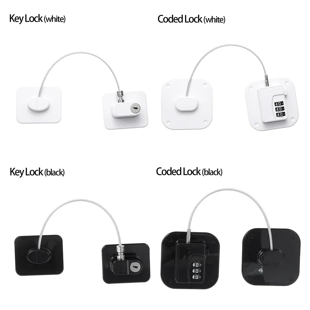 Four versions of a child safety cabinet lock are shown: key locks and coded locks in both white and black.