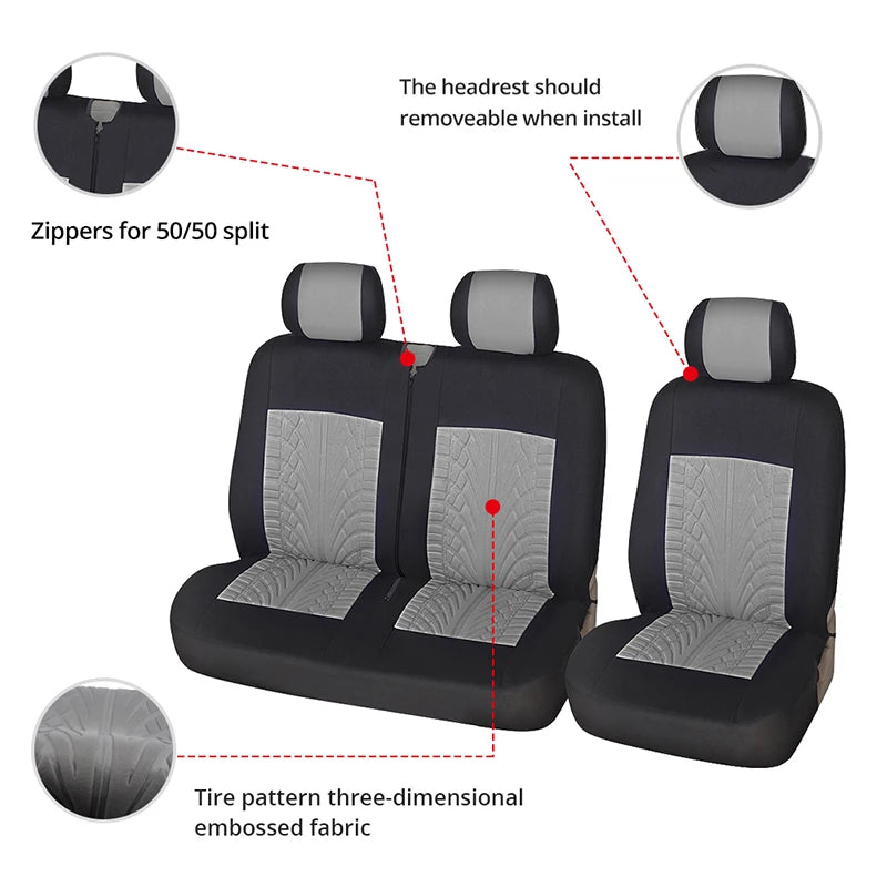 Black car seat covers for two rows featuring a 50/50 split design and three-dimensional embossed fabric.