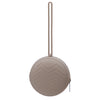 A light beige food-grade silicone pacifier case with a long loop for attachment.