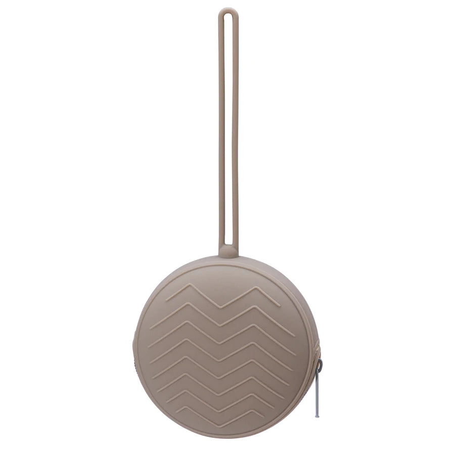 A light beige food-grade silicone pacifier case with a long loop for attachment.