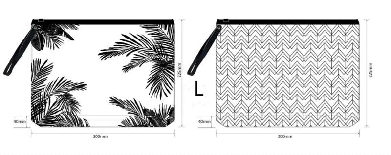 Black transparent travel toiletry bag with a palm leaf pattern and a hanging hook.