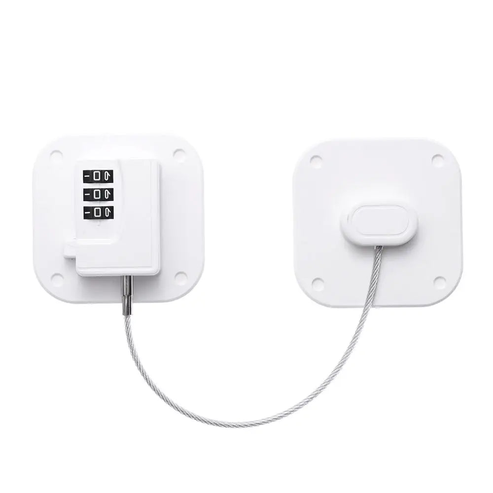 A white child safety cabinet lock featuring a digital code display and a corded key mechanism.