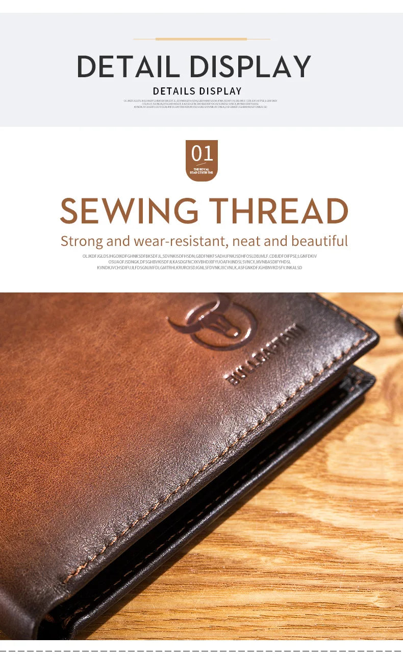 A close-up view of a brown genuine leather bifold wallet with visible stitching on a wooden surface.