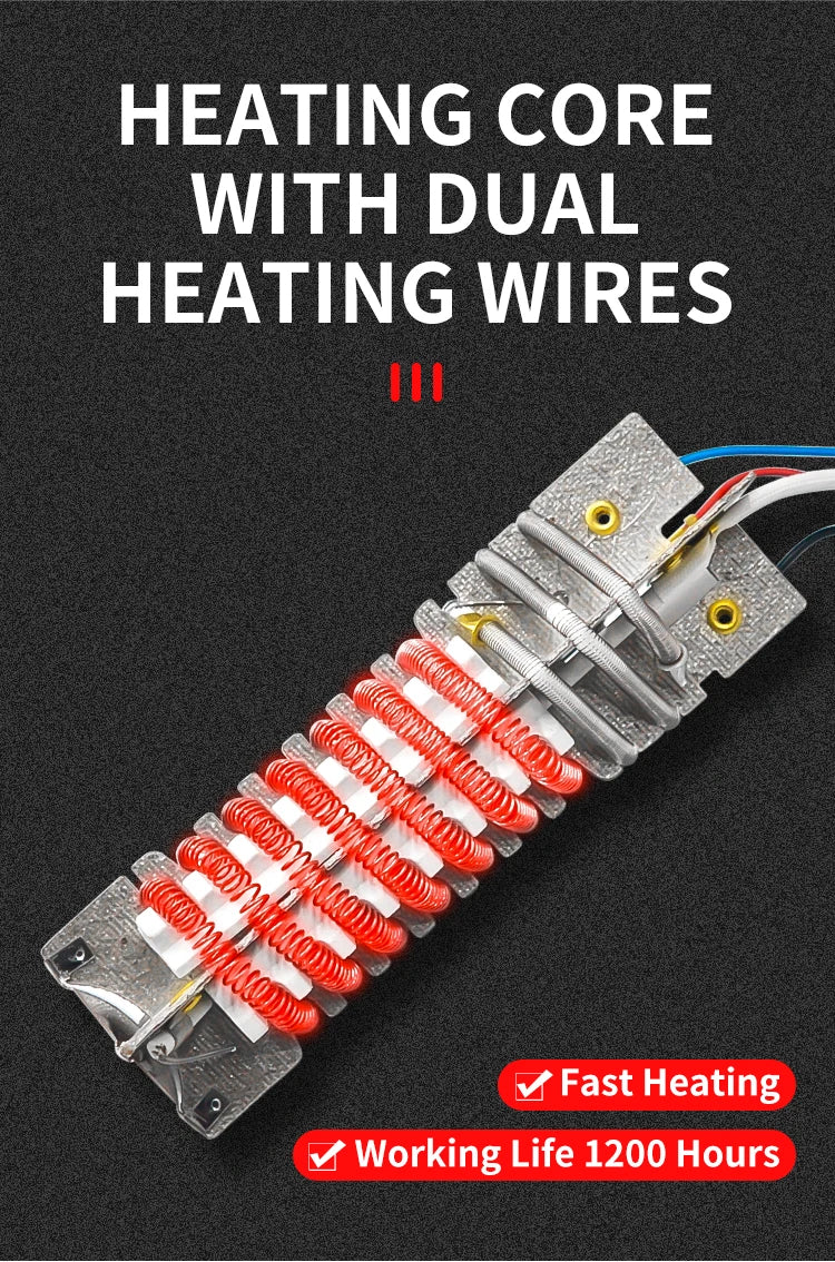 A digital heat gun featuring a heating core with dual heating wires, shown diagonally with red wires.