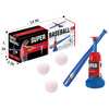 A set of kids' baseball equipment including a batting machine, bat, and several white balls.