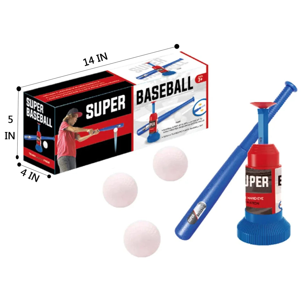 A set of kids' baseball equipment including a batting machine, bat, and several white balls.