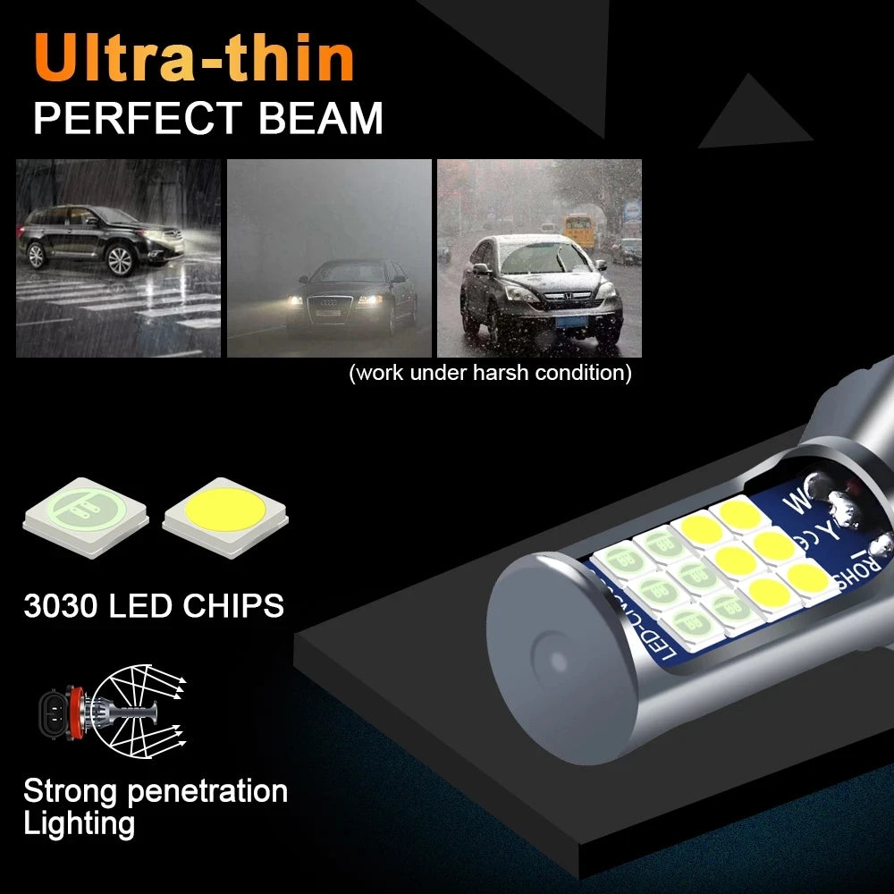 Ultra-thin perfect beam LED fog light bulbs with 3030 LED chips designed for strong penetration lighting.