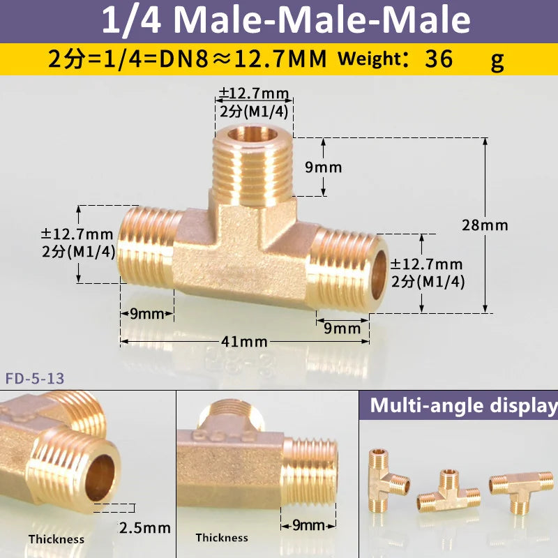 Brass BSP tee pipe fitting for water oil and gas connections with 1/4 male-male-male thread