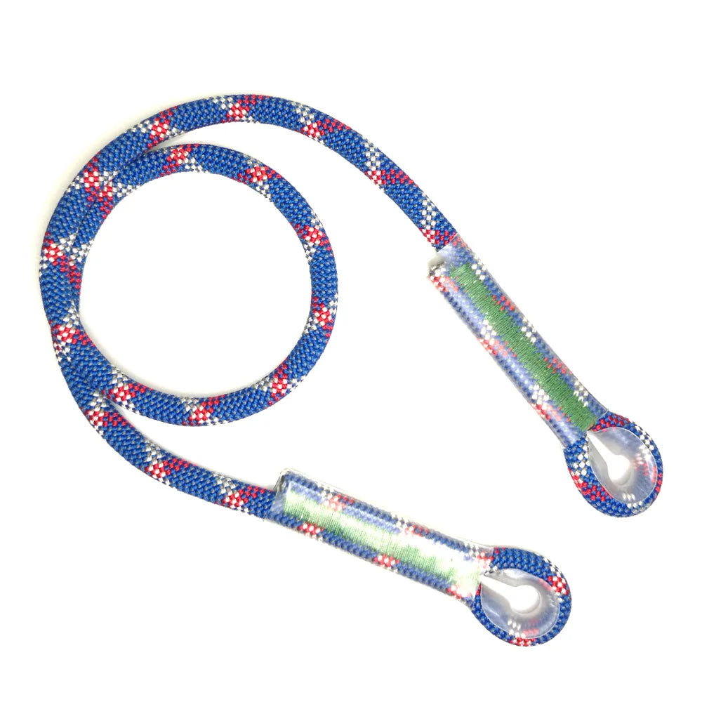 Pre-sewn nylon cord loop sling with blue and red patterned cord for climbing and rescue