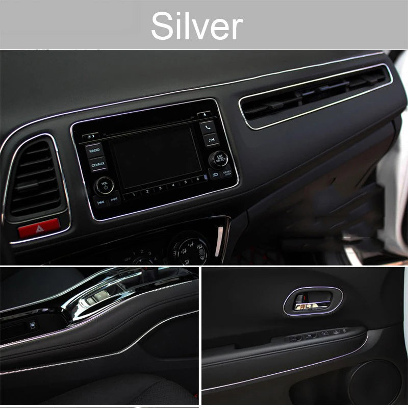 Silver flexible car interior trim strips and dashboard components.