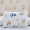 A white cartoon pillow featuring various vehicles and animals on a soft cotton pillowcase.