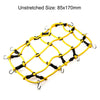 Yellow wire mesh decoration set for RC crawlers including a shovel, fire extinguisher, and oil drum