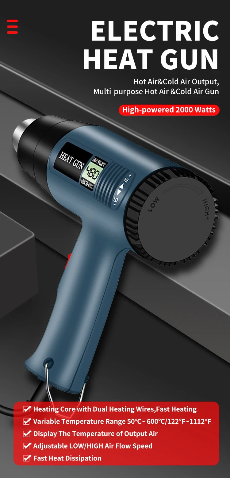 A close-up view of a dark gray electric heat gun with an adjustable handle and digital display, shown against a dark backgrou