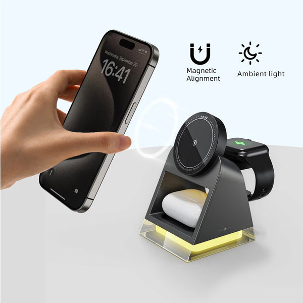 3-in-1 Magnetic Wireless Charging Stand with LED Lamp
