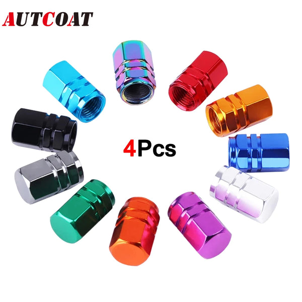 Four colorful aluminum tire valve caps in various finishes and angles.