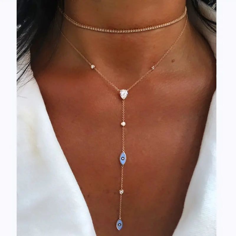 Enamel Evil Eye Lariat Necklace with Cubic Zirconia