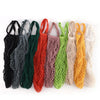 A collection of nine reusable organic cotton mesh produce bags in various shades of green, orange, and beige.