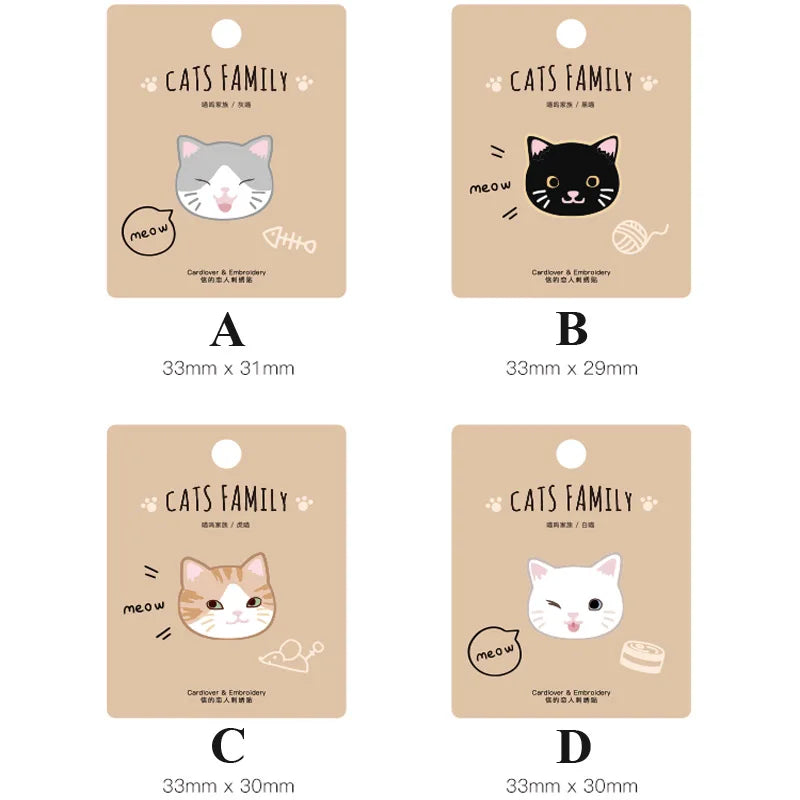 Four examples of embroidered cat iron-on patches in different sizes and designs.