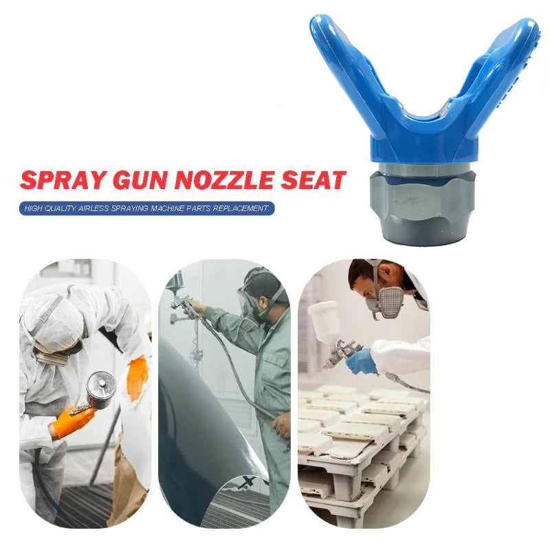Blue universal airless spray gun nozzle seat replacement part shown with related components and usage examples.