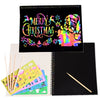A set of rainbow scratch art paper sheets featuring Christmas designs and colorful elements.