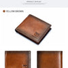 A brown genuine leather bifold wallet displayed in yellow brown color, showing the positive and back sides.