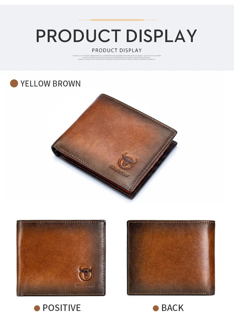 A brown genuine leather bifold wallet displayed in yellow brown color, showing the positive and back sides.