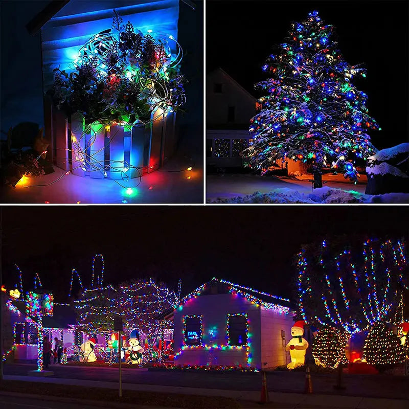 Outdoor fairy string lights illuminating a house and tree at night with various colorful modes