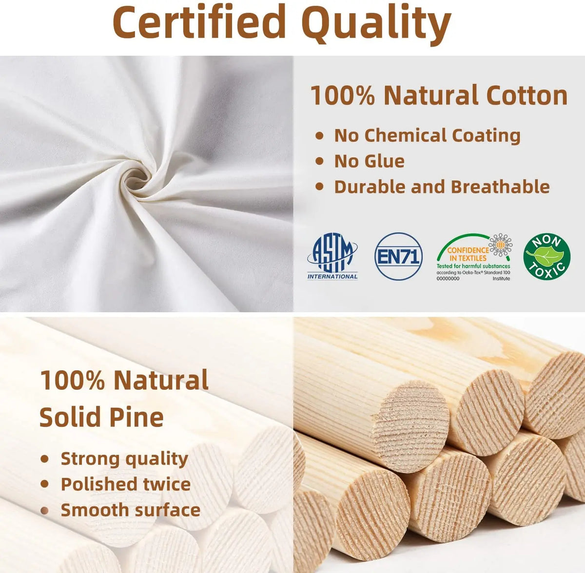 A close-up of natural cotton fabric and solid pine wood showing certified quality features.
