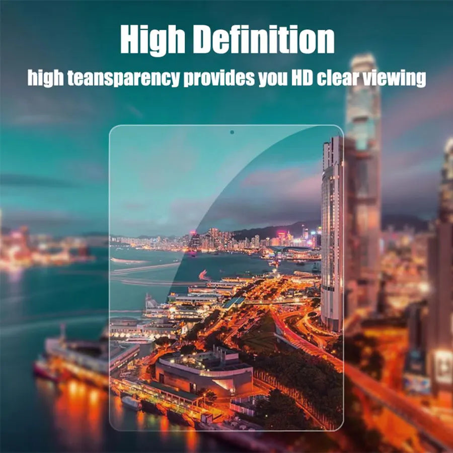 A high definition view of a city skyline at dusk, showcasing the clarity and transparency of a tempered glass screen protecto