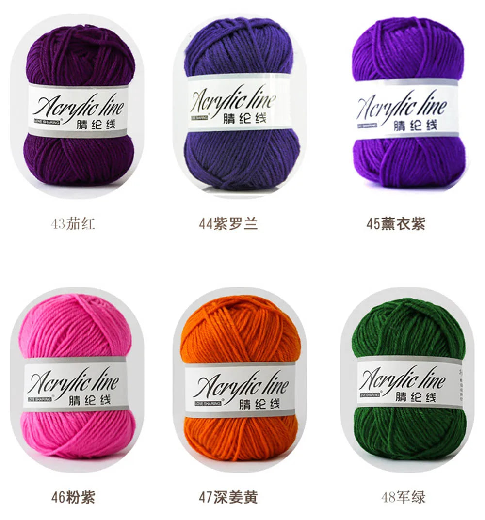 A collection of eight balls of purple, pink, orange, and green acrylic yarn labeled with corresponding numbers.