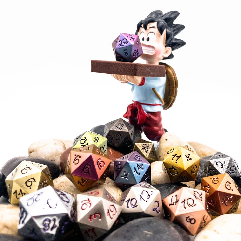 Anime character holding a metal polyhedral dice set with dragon font above a pile of dice.