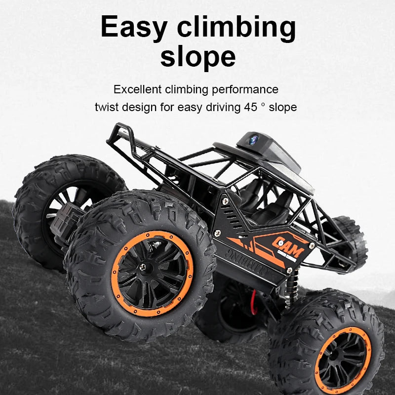 Black 1:18 RC off-road SUV with large tires and a twist design for climbing a 45 degree slope