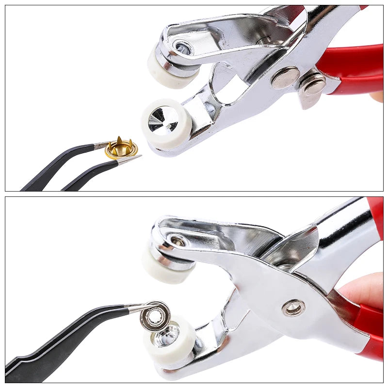 A close-up view of a metal snap fastener kit with pliers tool showing the mechanism and components.