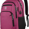 Magenta Slim Laptop-Rucksack mit schwarzem Zier und sichtbarem USB-Ladeanschluss.