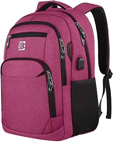 Magenta Slim Laptop-Rucksack mit schwarzem Zier und sichtbarem USB-Ladeanschluss.