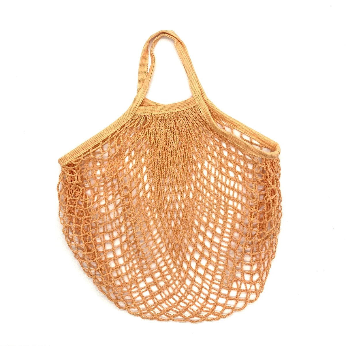 A reusable, foldable mesh produce bag made of organic cotton in a natural tan color.