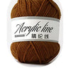 A ball of brown acrylic line yarn labeled for knitting and crochet projects.