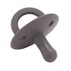 A gray silicone baby pacifier soother with a ring and a handle.