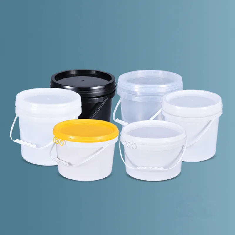 A set of two white and black plastic buckets with leakproof lids for food storage.