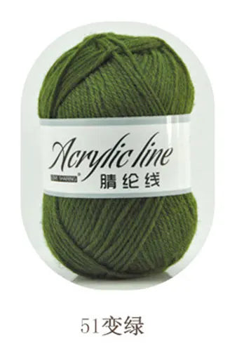 A ball of olive green acrylic yarn labeled Acrylic line with the number 51.