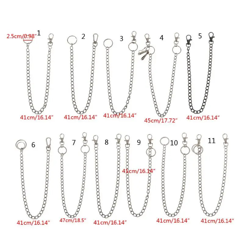 A set of eleven chrome steel punk chain belt accessories with keyrings shown in various lengths and styles.
