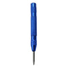 A close-up view of a blue spring-loaded automatic center punch tool.